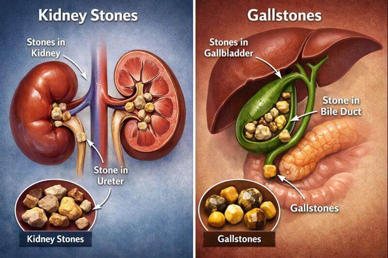 Illustration comparing kidney stones and gallstones in the kidney and gallbladder