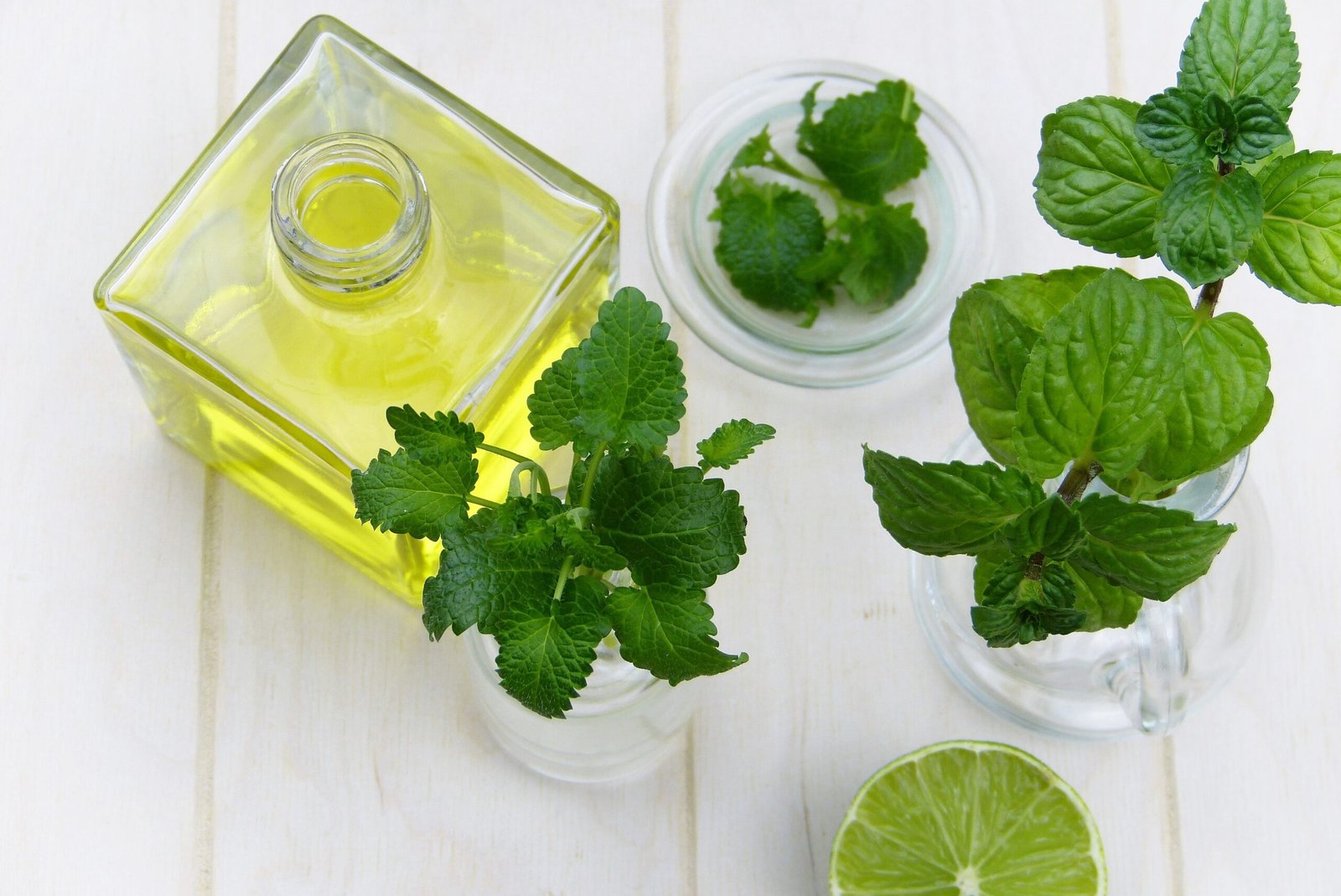 Bottle of oil with fresh herbs and lime for making homemade balms