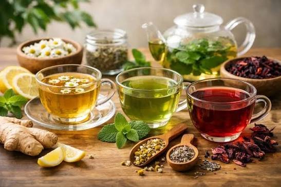 Several cups of herbal tea with fresh mint and dried herbs